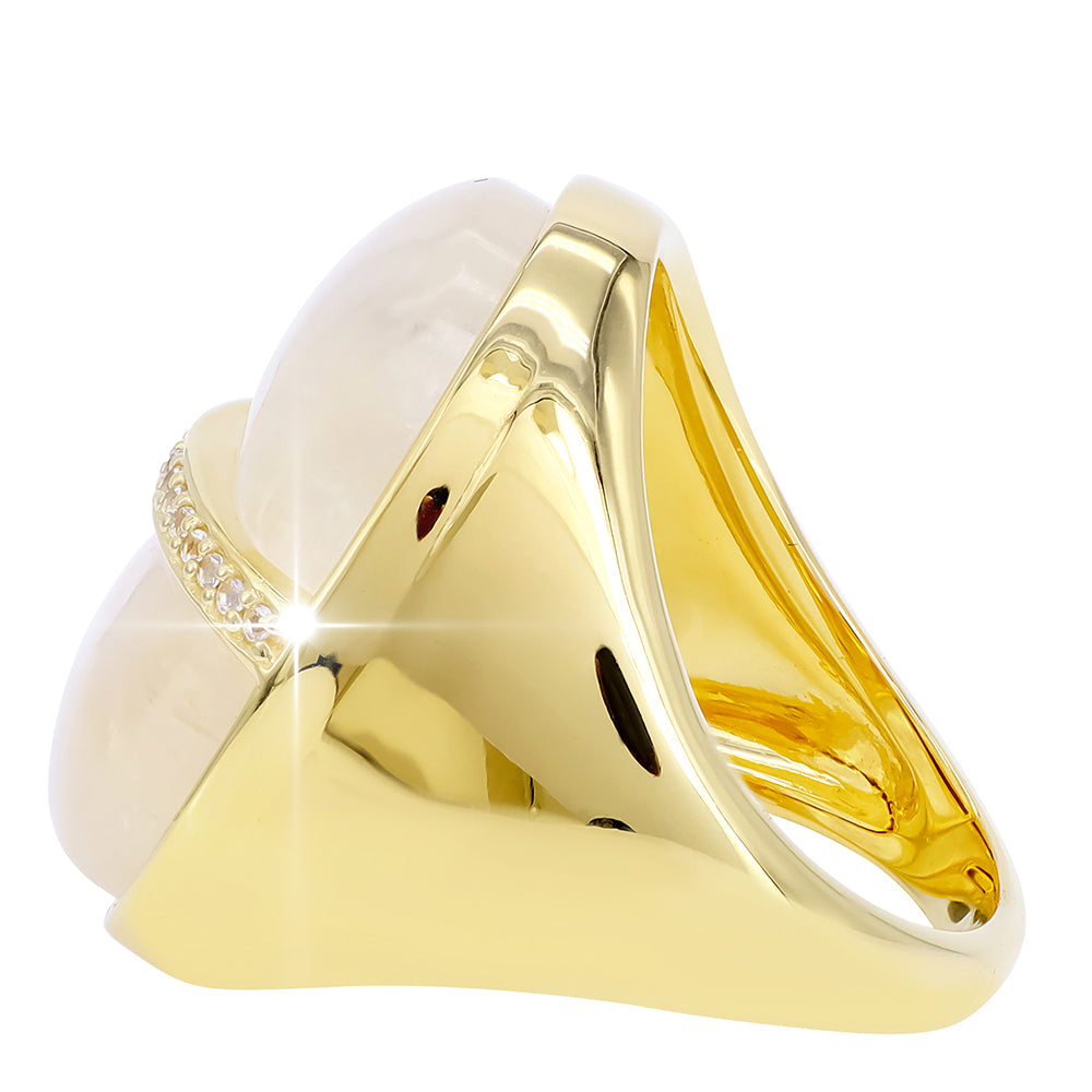 Pozlacené Stříbro 925/1000 - Prsten s Duhovým Měsíčním Kamenem a Bílým Topazem - Karátové číslo: 18.55. přibližná hmotnost: 13.21 gramů