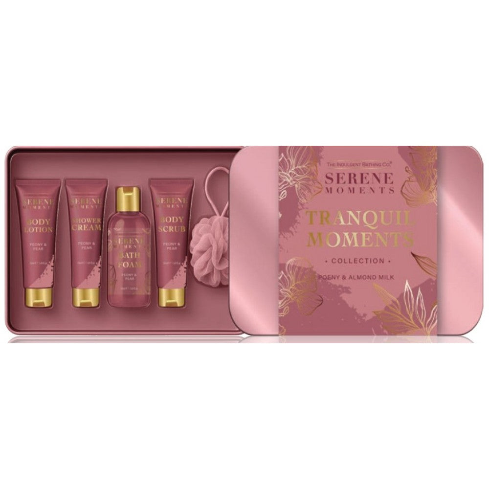 Serene Moments Tranquil Moments Collection: 50ml Shower Cream, 50ml Bath Foam, 50ml Shower Scrub, 50ml Body Lotion, Luxury shower puff, all in Keepsake Tin