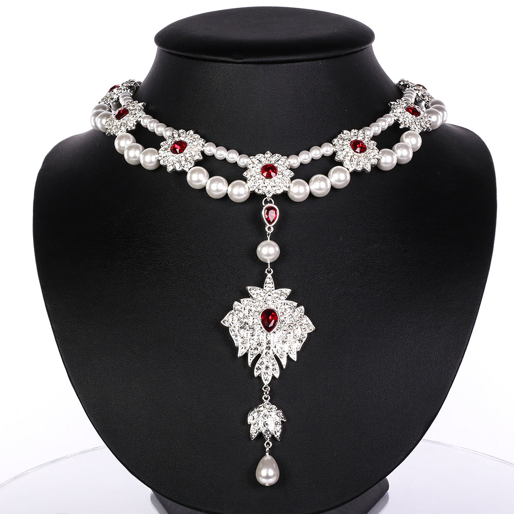 Pozlacená slitina - Sada se Skleněná Perla a Bílým Emporia® Křišťálem přibližná hmotnost: 152.46 gramů ( Náhrdelník+Náušnice )