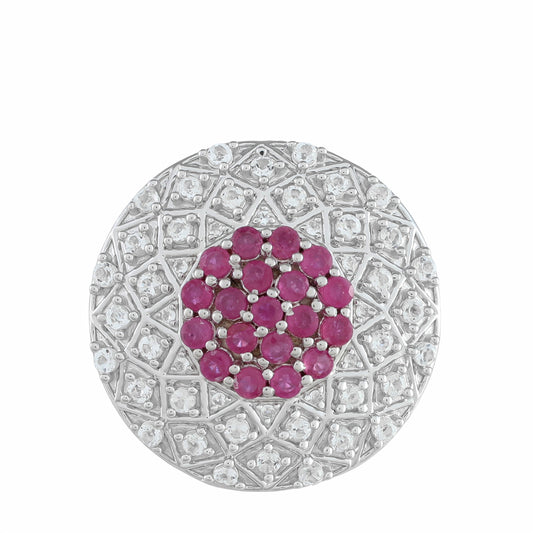 Stříbro 925/1000 - Prsten s Thajským Rubínem a Bílým Topazem - Karátové číslo: 3.16. přibližná hmotnost: 9.87 gramů