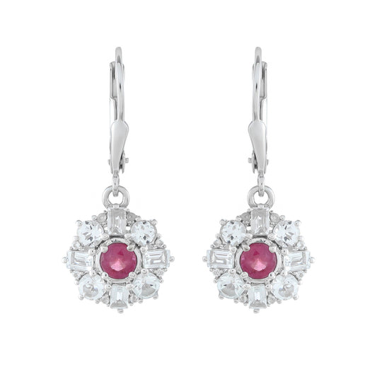 Stříbro 925/1000 - Náušnice s Thajským Rubínem a Bílým Topazem - Karátové číslo: 2.82. přibližná hmotnost: 3.24 gramů