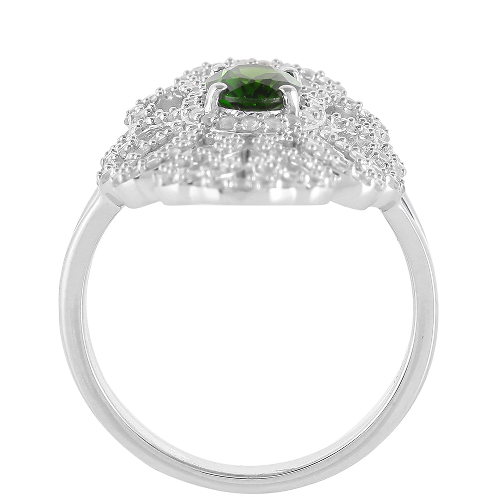 Stříbro 925/1000 - Prsten s Chromovým Diopsidem a Bílým Topazem - Karátové číslo: 1.6. přibližná hmotnost: 5.26 gramů