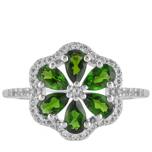 Stříbro 925/1000 - Prsten s Chromovým Diopsidem a Bílým Topazem - Karátové číslo: 1.52. přibližná hmotnost: 2.79 gramů