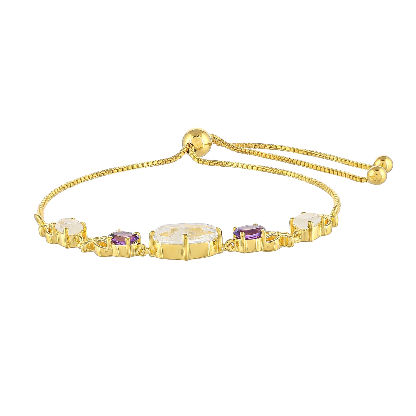 Pozlacený Stříbrný Náramek s Duhovým Měsíčním Kamenem a Brazilským Ametystem