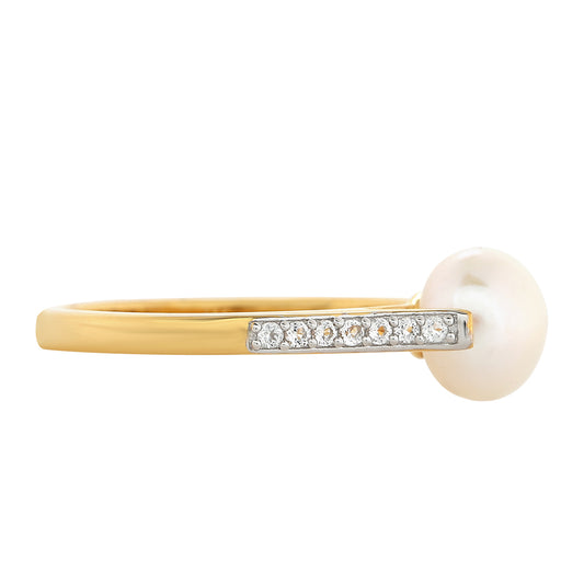 Pozlacené Stříbro 925/1000 - Prsten s Barokní Sladkovodní Kultivovanou Perlou a Bílým Topazem - Karátové číslo: 2.49. přibližná hmotnost: 2.4 gramů
