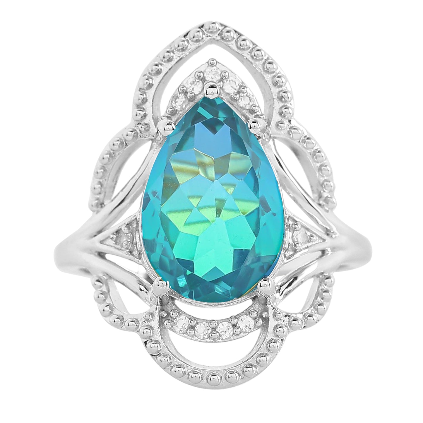 Stříbro 925/1000 - Prsten s Pavím Křemenem a Bílým Topazem - Karátové číslo: 4.19. přibližná hmotnost: 4.49 gramů