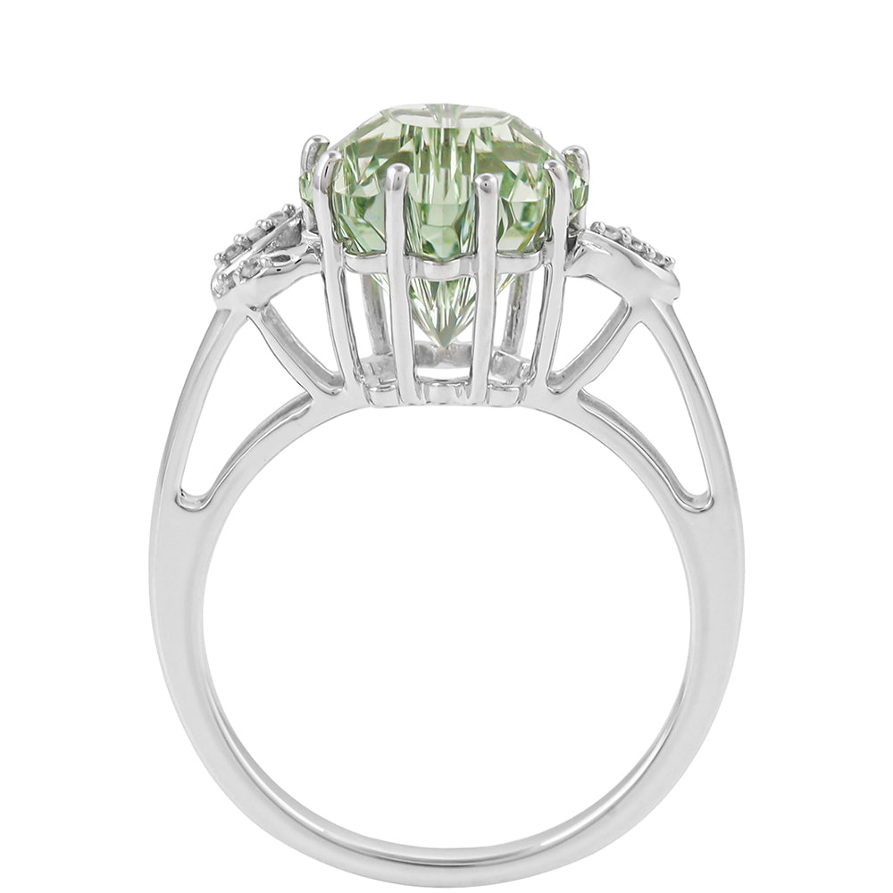 Stříbro 925/1000 - Prsten se Zeleným Ametystem a Přírodním Zirkonem - Karátové číslo: 3.48. přibližná hmotnost: 3.66 gramů