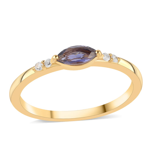 Pozlacené Stříbro 925/1000 - Prsten s Iolitem a Bílým Topazem - Karátové číslo: 0.36. přibližná hmotnost: 1.87 gramů