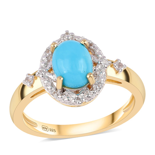 Pozlacený 925 / 1000 Sterlingové Stříbro Prsten s Tyrkysem Sleeping Beauty a Bílým Topazem