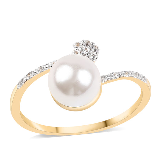 Pozlacené Stříbro 925/1000 - Prsten s Bílou Sladkovodní Perlou a Bílým Topazem - Karátové číslo: 4.2. přibližná hmotnost: 2.48 gramů