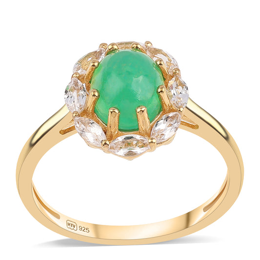 Pozlacený 925 / 1000 Sterlingové Stříbro Prsten se Zeleným Etiopským Opálem z Lega Dembi a Bílým Topazem