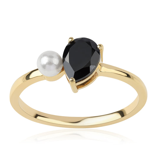 Pozlacené Stříbro 925/1000 - Prsten s Černým spinelem a Bílou Sladkovodní Perlou - Karátové číslo: 1.85. přibližná hmotnost: 2.31 gramů