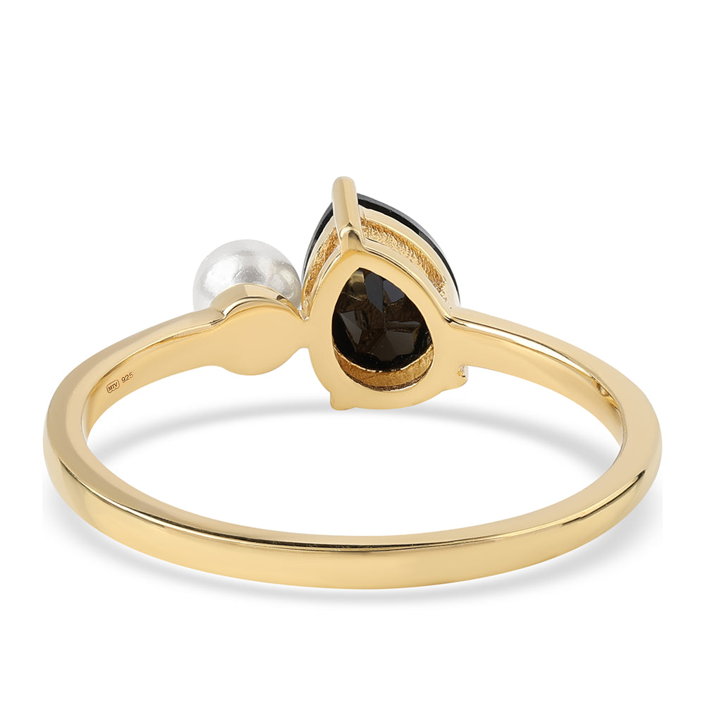 Pozlacené Stříbro 925/1000 - Prsten s Černým spinelem a Bílou Sladkovodní Perlou - Karátové číslo: 1.85. přibližná hmotnost: 2.31 gramů