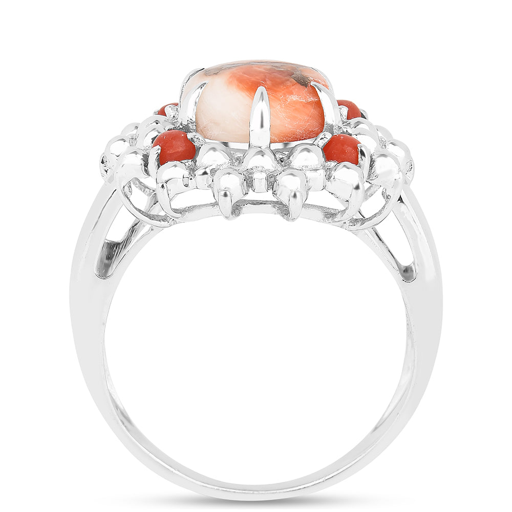 Stříbro 925/1000 - Prsten s Ústřicovým Tyrkysem a Červeným Korálem - Karátové číslo: 3.28. přibližná hmotnost: 4.23 gramů