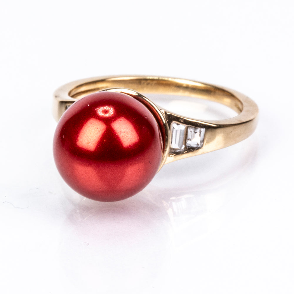 Pozlacené Stříbro 925/1000 - Prsten s Červená sladkovodní Perlou a Bílým Topazem - Karátové číslo: 7.62. přibližná hmotnost: 4.04 gramů