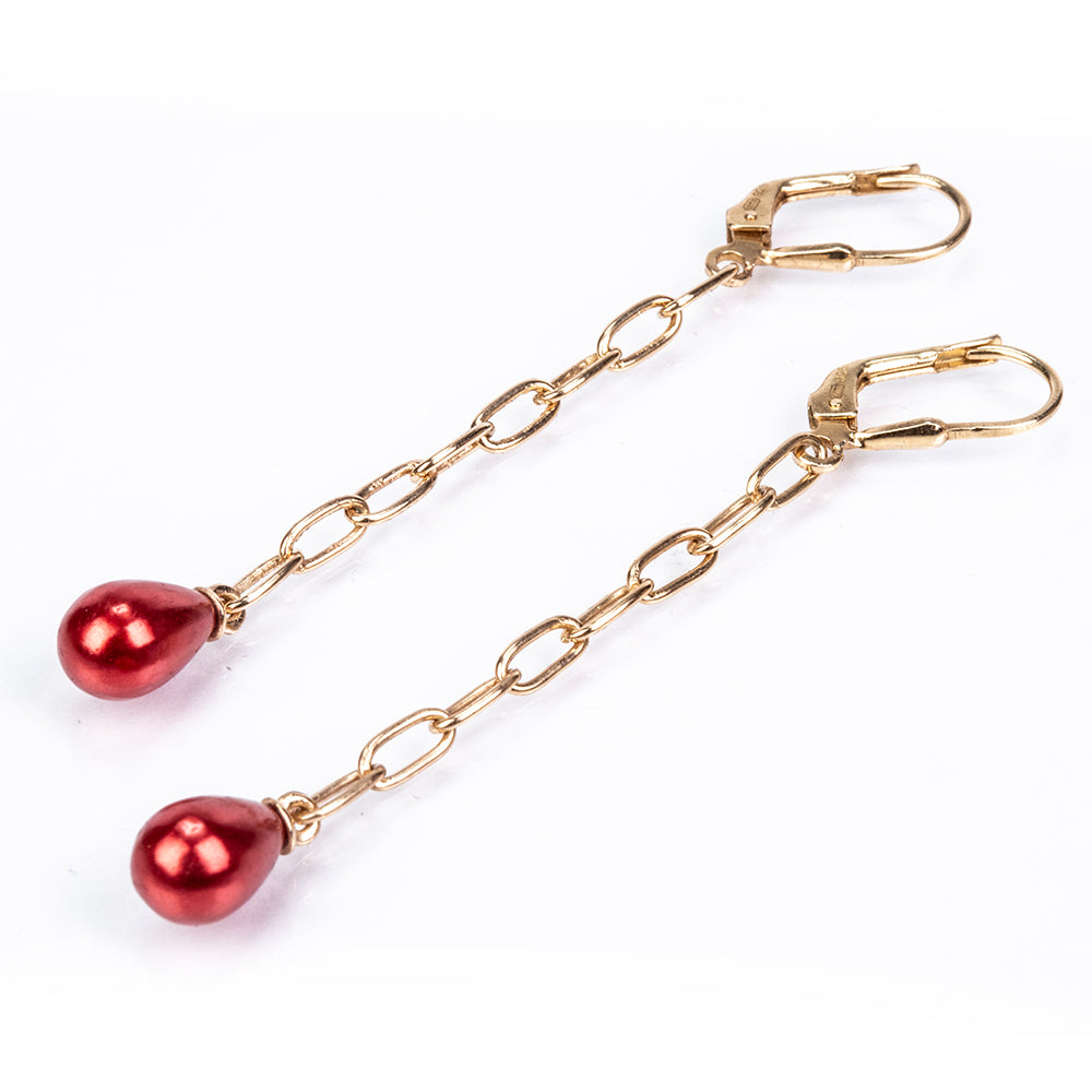 Pozlacené Stříbro 925/1000 - Náušnice s Červená sladkovodní Perlou - Karátové číslo: 5.24. přibližná hmotnost: 3.13 gramů