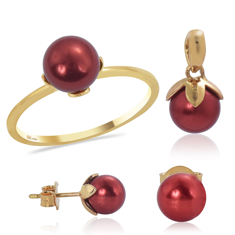 Pozlacené Stříbro 925/1000 - Sada s Červená sladkovodní Perlou - Karátové číslo: 17.08. přibližná hmotnost: 7.04 gramů ( Náušnice+Prsten+Přívěsek )