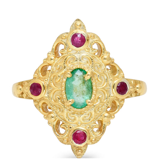 Pozlacené Stříbro 925/1000 - Prsten s Madagaskarským Rubínem a Brazilským Smaragdem - Karátové číslo: 0.98. přibližná hmotnost: 4.02 gramů