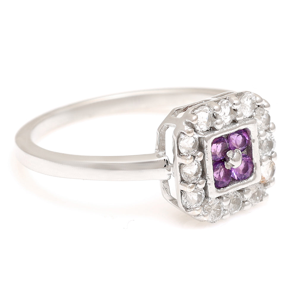 Stříbro 925/1000 - Prsten s Brazilským Ametystem a Bílým Topazem - Karátové číslo: 3.01. přibližná hmotnost: 2.21 gramů