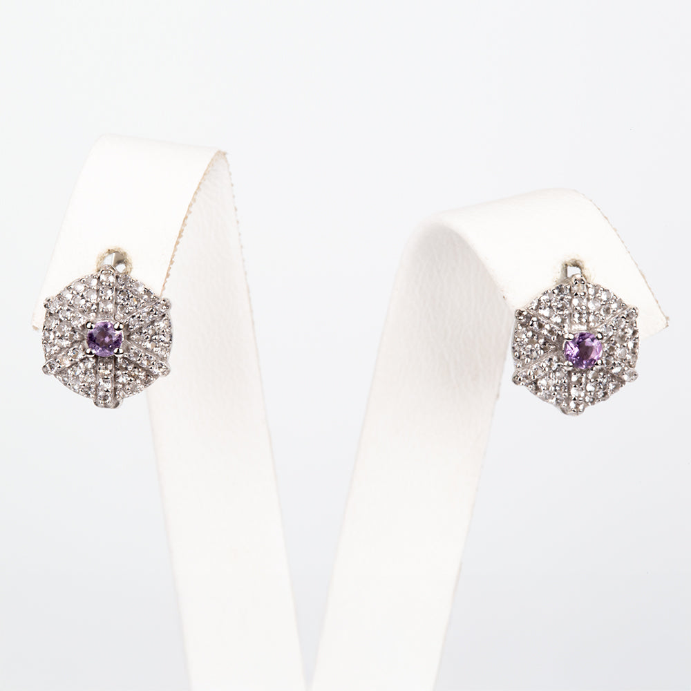 Stříbro 925/1000 - Náušnice s Bílým Topazem a Brazilským Ametystem - Karátové číslo: 0.94. přibližná hmotnost: 3.2 gramů