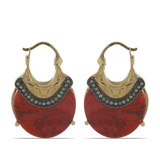 Pozlacené Stříbro 925/1000 - Náušnice s Červeným Houbovým Korálem a Marcasitem - Karátové číslo: 16.03. přibližná hmotnost: 9.85 gramů