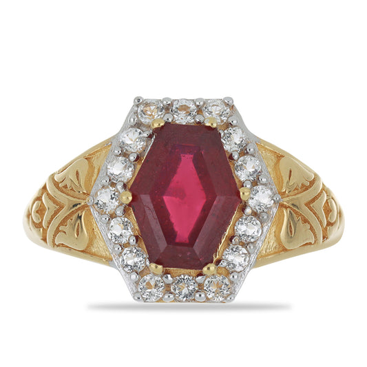 Pozlacené Stříbro 925/1000 - Prsten s Madagaskarským Rubínem a Bílým Topazem - Karátové číslo: 3.79. přibližná hmotnost: 5.07 gramů