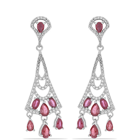 Stříbro 925/1000 - Náušnice s Madagaskarským Rubínem a Bílým Topazem - Karátové číslo: 6.5. přibližná hmotnost: 10.1 gramů