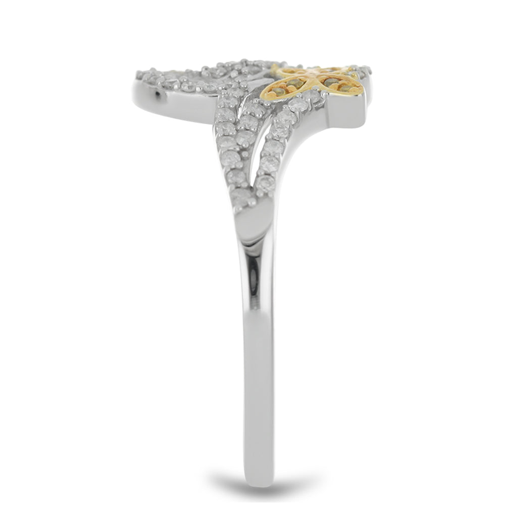 Pozlacený Stříbro 925/1000 - Prsten se Žlutým Diamantem a Bílým Diamantem - Karátové číslo: 0.37. přibližná hmotnost: 2.77 gramů