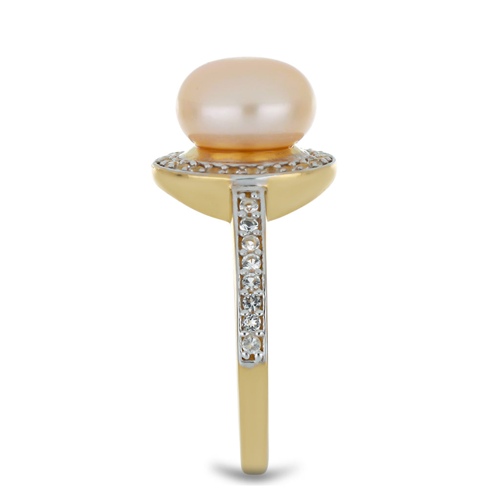 Pozlacený Stříbrný Prsten s Broskvovou Sladkovodní Perlou a Bílým Topazem