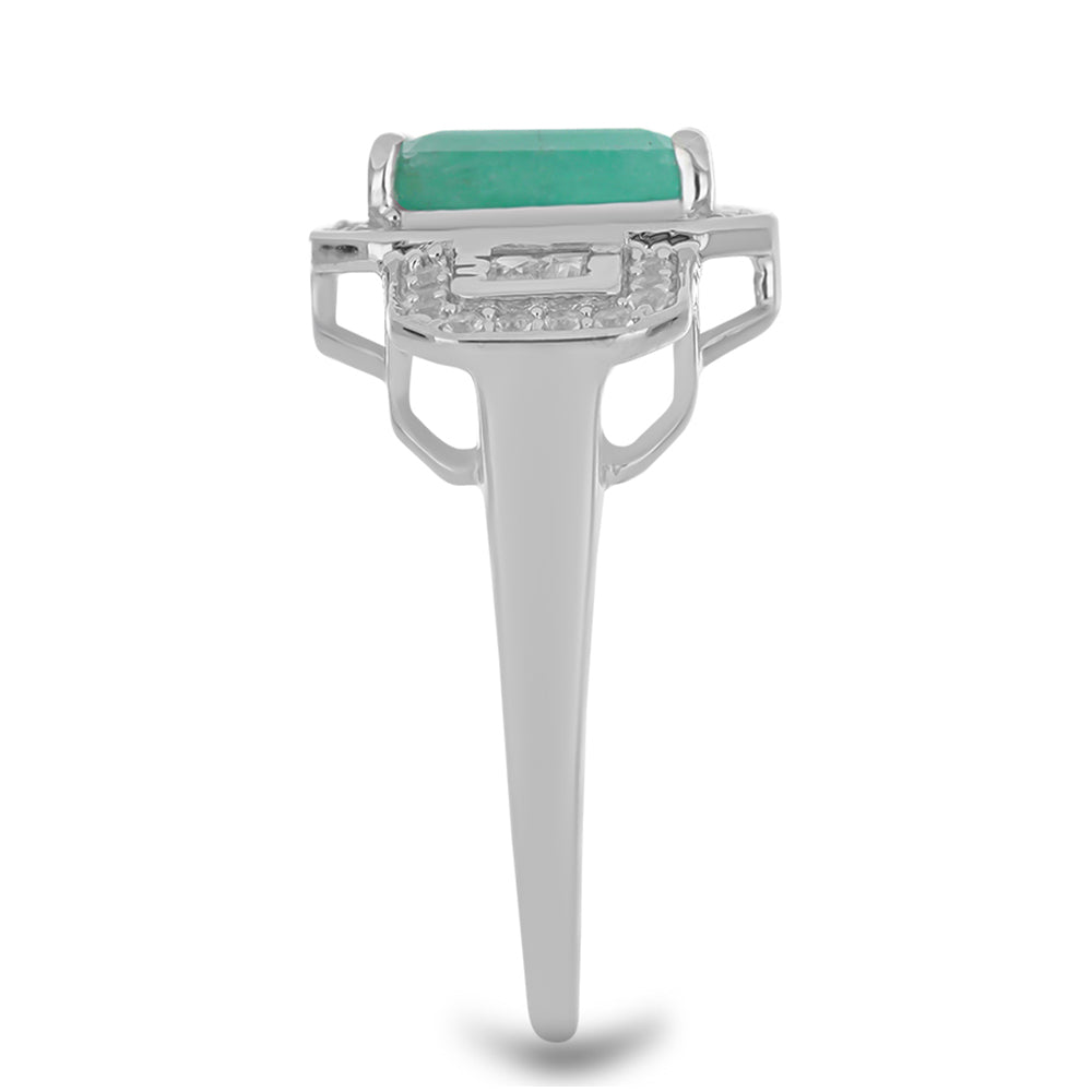Stříbro 925/1000 - Prsten s Brazilským Smaragdem a Bílým Zirkonem - Karátové číslo: 3.12. přibližná hmotnost: 4.27 gramů