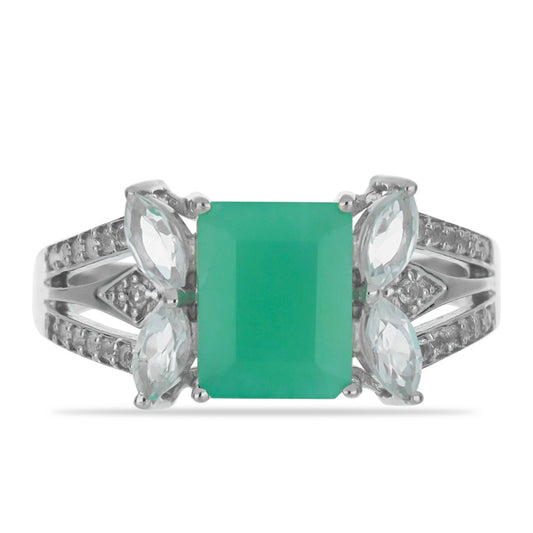 Stříbro 925/1000 - Prsten s Brazilským Smaragdem a Bílým Topazem - Karátové číslo: 3.31. přibližná hmotnost: 3.7 gramů