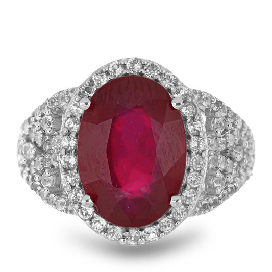 Stříbro 925/1000 - Prsten s Madagaskarským Rubínem a Bílým Topazem - Karátové číslo: 9.88. přibližná hmotnost: 6.82 gramů