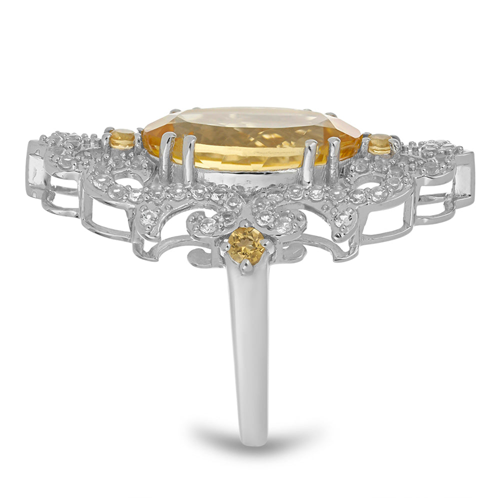 Stříbro 925/1000 - Prsten s Uralským Citrínem a Bílým Topazem - Karátové číslo: 11.48. přibližná hmotnost: 8.98 gramů