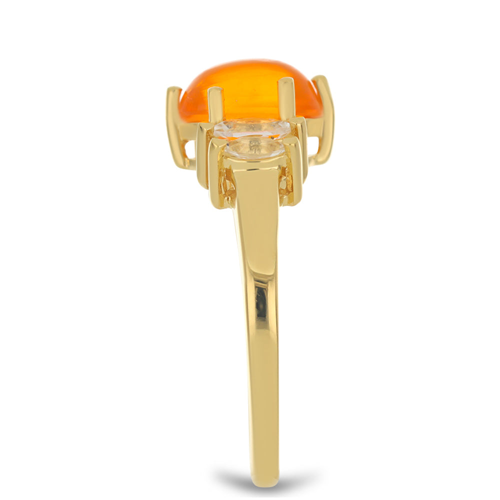 Pozlacené Stříbro 925/1000 - Prsten s Ohnivě Červeným Opálem z Lega Dembi a Bílým Topazem - Karátové číslo: 1.65. přibližná hmotnost: 3.47 gramů