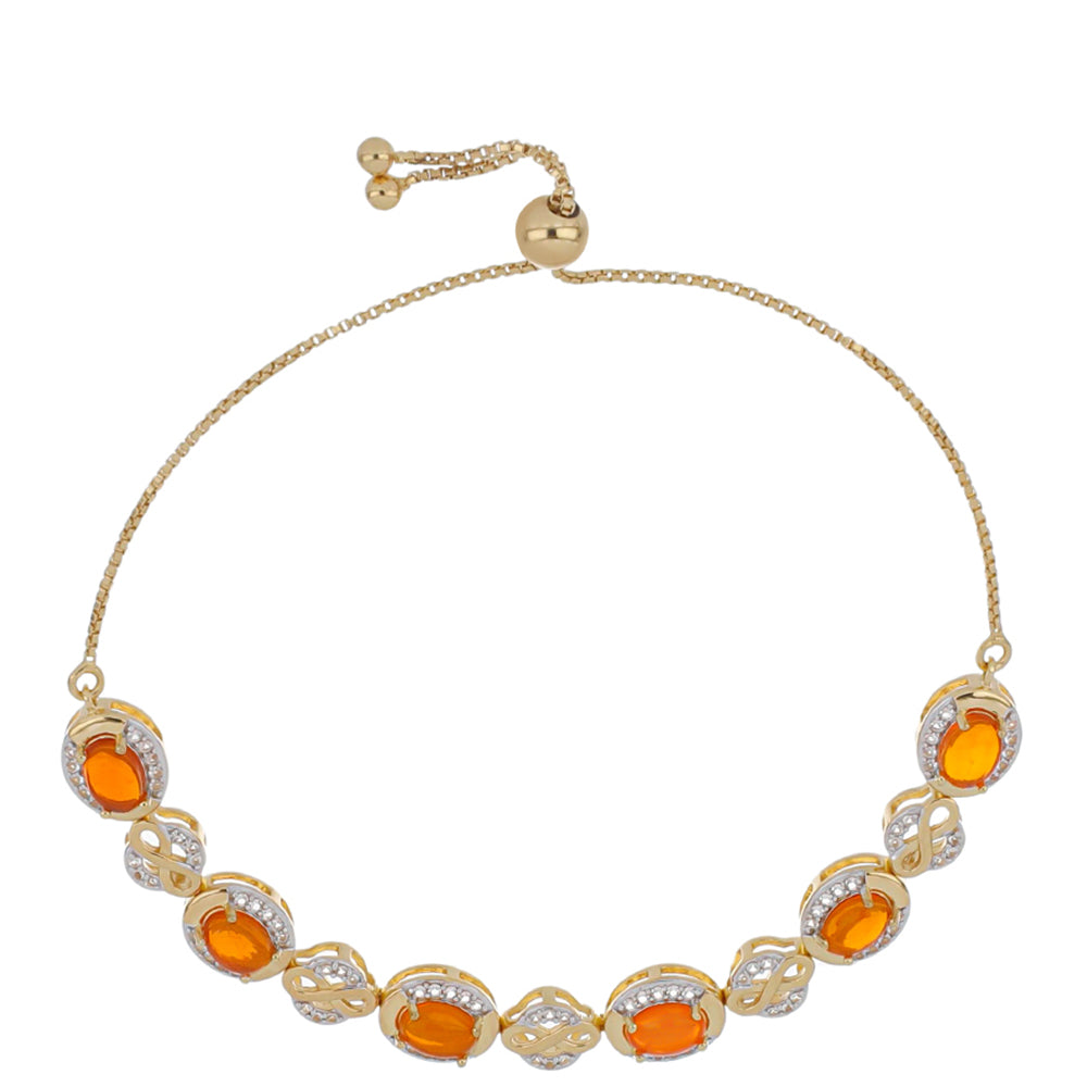 Pozlacené Stříbro 925/1000 - Náramek s Ohnivě Červeným Opálem z Lega Dembi a Bílým Topazem - Karátové číslo: 3.73. přibližná hmotnost: 10.85 gramů