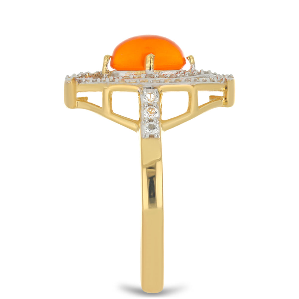 Pozlacené Stříbro 925/1000 - Prsten s Ohnivě Červeným Opálem z Lega Dembi a Bílým Topazem - Karátové číslo: 1.25. přibližná hmotnost: 4.02 gramů