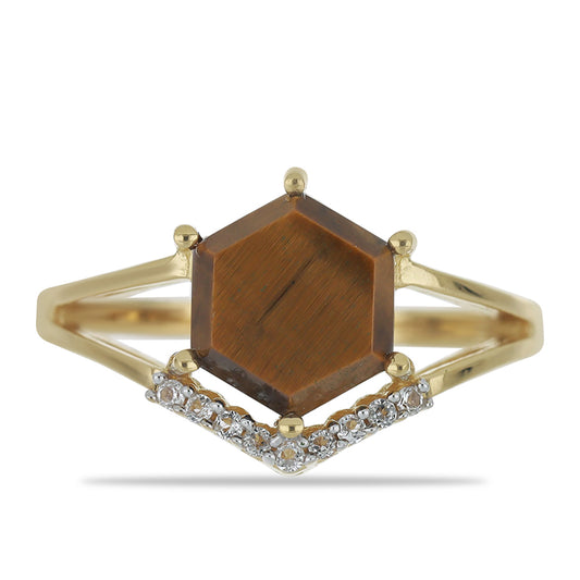 Pozlacené stříbro 925/1000 Prsten s Tygřím Okem a Bílým Topazem - Karátové číslo: 2.7. přibližná hmotnost: 3.39 gramů