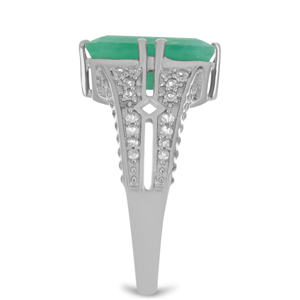 Stříbro 925/1000 - Prsten s Brazilským Smaragdem a Bílým Topazem - Karátové číslo: 4.01. přibližná hmotnost: 4.39 gramů