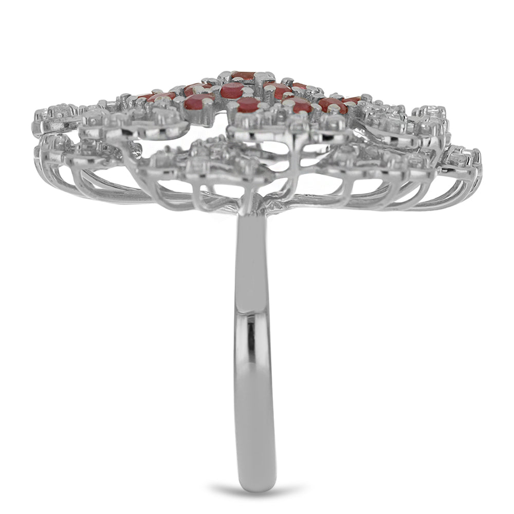 Stříbro 925/1000 - Prsten s Madagaskarským Rubínem a Bílým Topazem - Karátové číslo: 4.22. přibližná hmotnost: 8.46 gramů