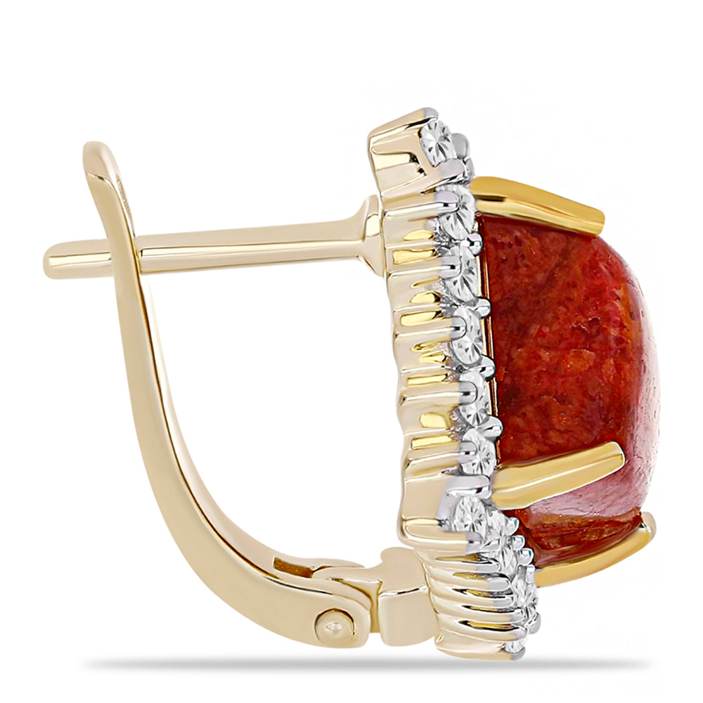 Pozlacené Stříbro 925/1000 - Náušnice s Červeným Korálem a Bílým Topazem - Karátové číslo: 5.64. přibližná hmotnost: 5.97 gramů