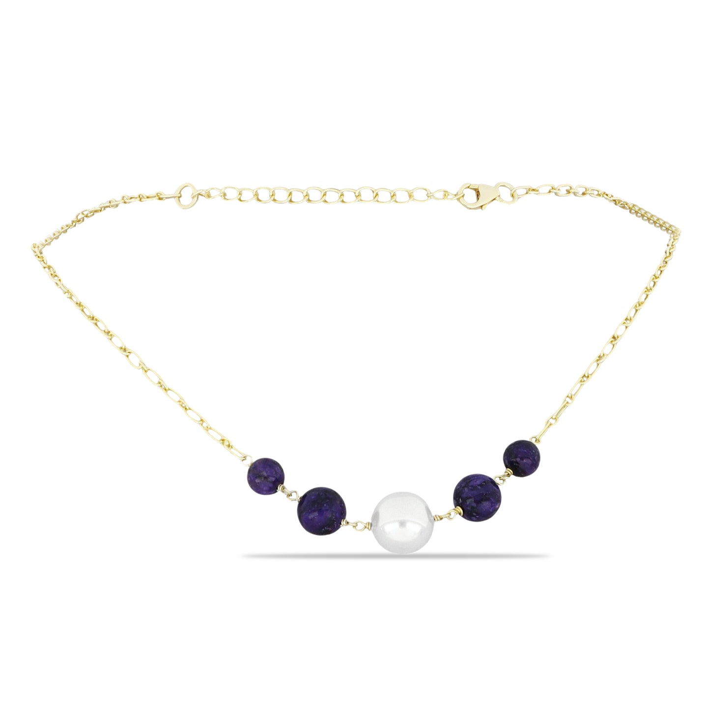 Pozlacené Stříbro 925/1000 - Náhrdelník s Čaroitem a Bílou Sladkovodní Perlou - Karátové číslo: 18.61. přibližná hmotnost: 7.11 gramů