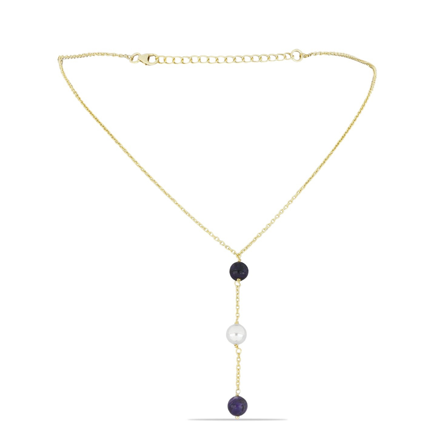 Pozlacené Stříbro 925/1000 - Náhrdelník s Čaroitem a Bílou Sladkovodní Perlou - Karátové číslo: 5.25. přibližná hmotnost: 3.94 gramů