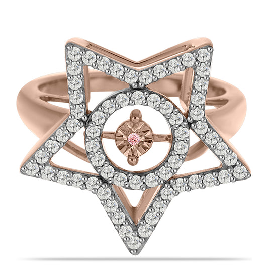 Růžově pozlacené Stříbro 925/1000 - Prsten s Růžový Tančící Diamantem a Bílým Topazem - Karátové číslo: 0.57. přibližná hmotnost: 4.76 gramů