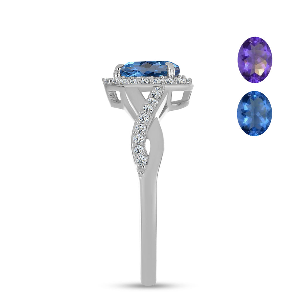 Stříbrný Prsten s Barvu Měnícím Fluoritem a Bílým Topazem