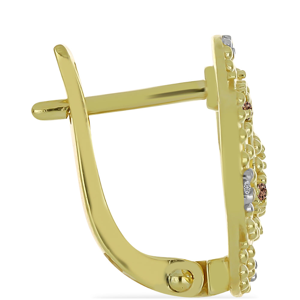 Pozlacené Stříbro 925/1000 - Náušnice s Champagne Diamantem a Bílým Diamantem - Karátové číslo: 0.11. přibližná hmotnost: 3.23 gramů