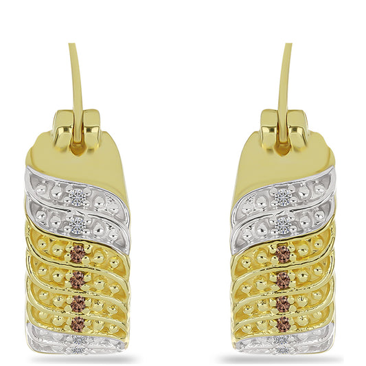 Pozlacené Stříbro 925/1000 - Náušnice s Champagne Diamantem a Bílým Diamantem - Karátové číslo: 0.1. přibližná hmotnost: 6.81 gramů