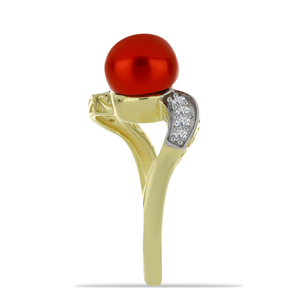 Pozlacené Stříbro 925/1000 - Prsten s Červená sladkovodní Perlou a Bílým Topazem - Karátové číslo: 2.64. přibližná hmotnost: 3.1 gramů