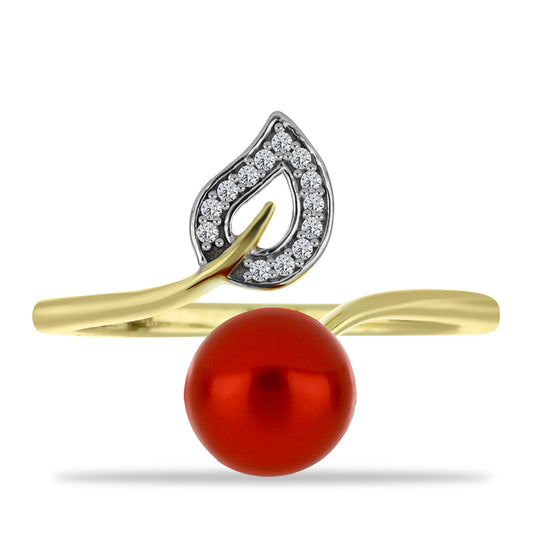 Pozlacené Stříbro 925/1000 - Prsten s Červená sladkovodní Perlou a Bílým Topazem - Karátové číslo: 2.61. přibližná hmotnost: 3.07 gramů