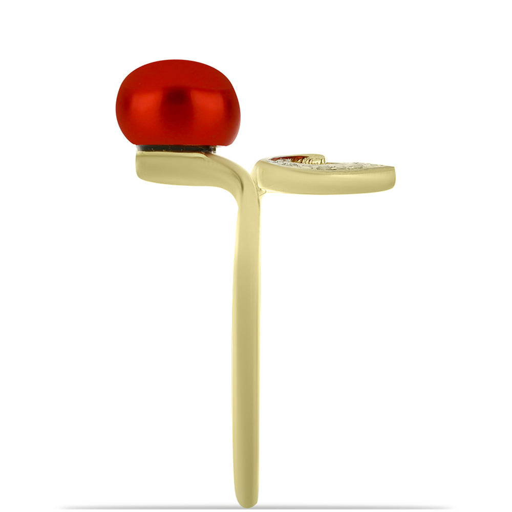 Pozlacené Stříbro 925/1000 - Prsten s Červená sladkovodní Perlou a Bílým Topazem - Karátové číslo: 2.61. přibližná hmotnost: 3.07 gramů