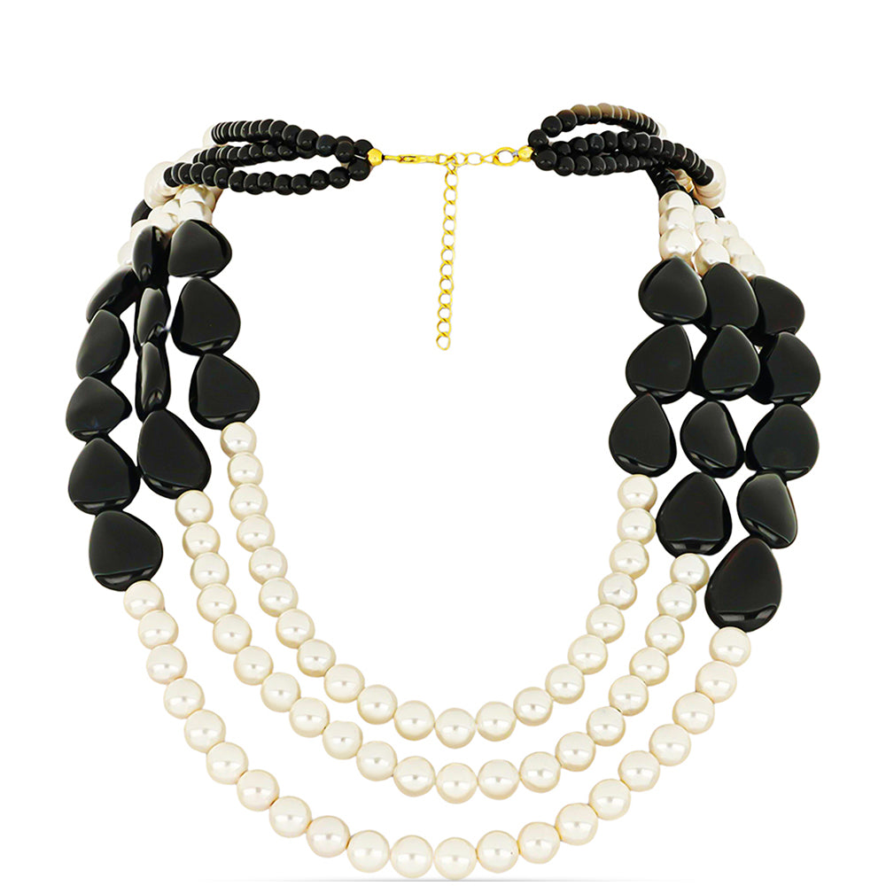 Pozlacené Stříbro 925/1000 - Náhrdelník s Černým Suwarským Onyxem a Bílou Sladkovodní Perlou - Karátové číslo: 486.67. přibližná hmotnost: 98.33 gramů